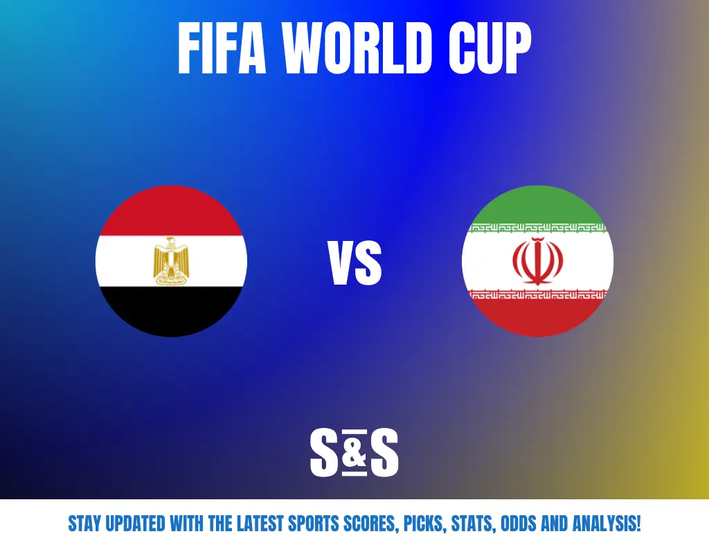 FIFA World Cup match graphic showing Egypt vs Iran with their flags on a blue and yellow gradient background.