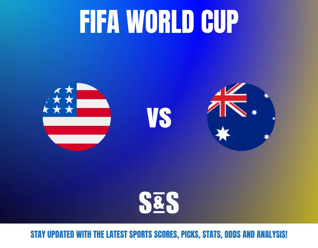 FIFA World Cup match preview showing USA vs Australia flags with a note to stay updated on scores, picks, stats, odds, and analysis.