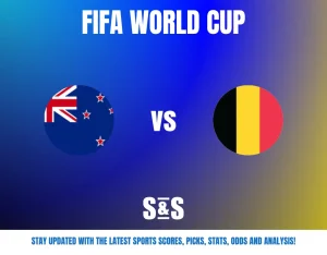 FIFA World Cup match announcement showing New Zealand vs Belgium with team flags on a blue and yellow gradient background.