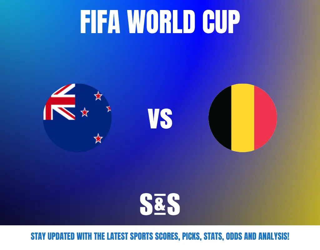 FIFA World Cup match announcement showing New Zealand vs Belgium with team flags on a blue and yellow gradient background.