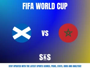 FIFA World Cup match announcement showing Scotland vs Morocco with their national flags on a blue and yellow gradient background.
