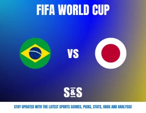 FIFA World Cup match announcement featuring Brazil vs Japan with flags on a blue gradient background.