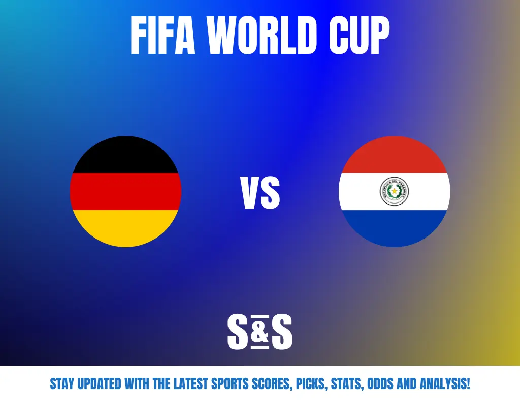 FIFA World Cup match preview showing Germany vs Paraguay with a gradient blue and yellow background and a prompt to stay updated on scores and stats.