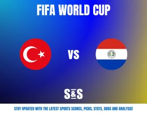 FIFA World Cup match between Turkey and Paraguay, with team flags on a blue gradient background.