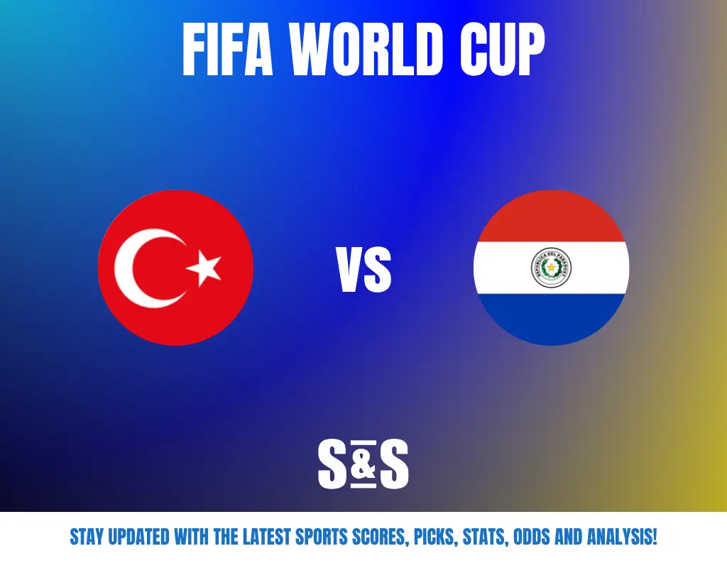 FIFA World Cup match between Turkey and Paraguay, with team flags on a blue gradient background.