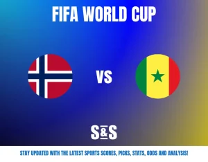 FIFA World Cup match announcement showing Norway vs Senegal with their flags on a blue and yellow gradient background.