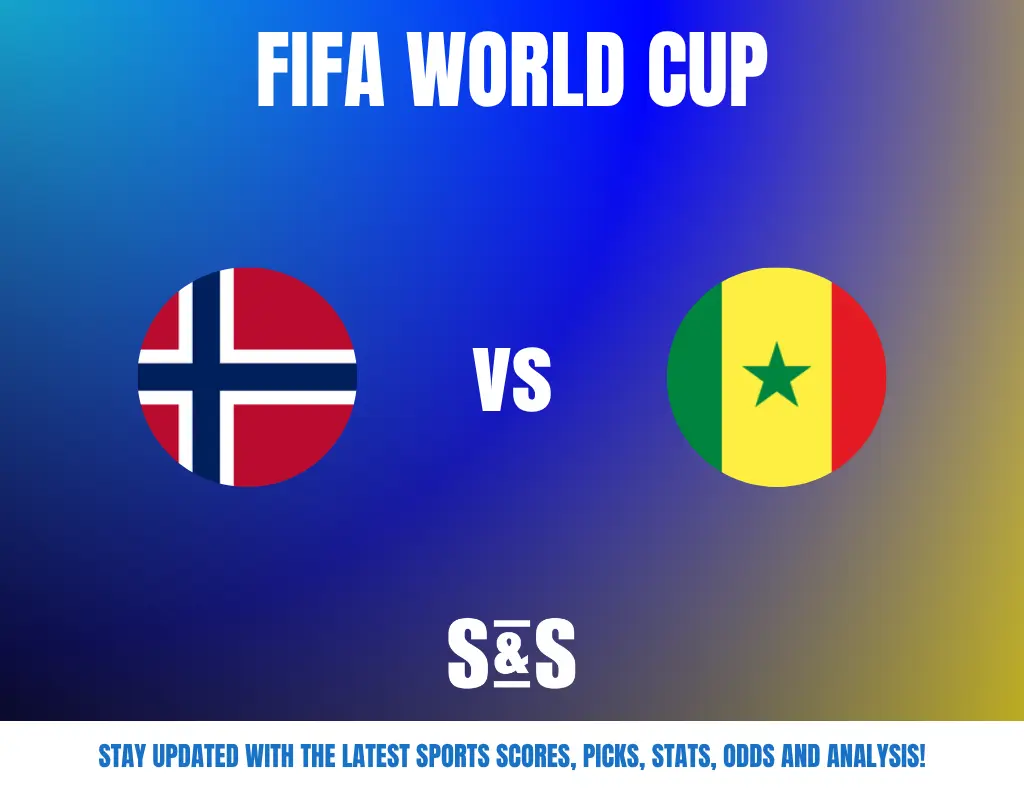 FIFA World Cup match announcement showing Norway vs Senegal with their flags on a blue and yellow gradient background.