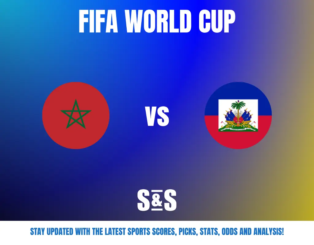 FIFA World Cup match graphic showing Morocco vs Haiti with team flags on a blue-yellow gradient background.