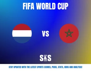 FIFA World Cup match preview showing Netherlands vs Morocco with respective flags on a blue to yellow gradient background.
