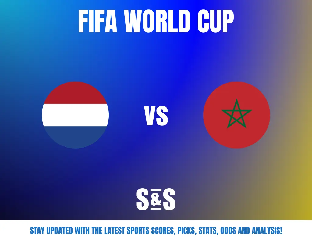 FIFA World Cup match preview showing Netherlands vs Morocco with respective flags on a blue to yellow gradient background.