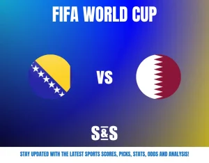 FIFA World Cup match announcement showing Bosnia and Herzegovina vs Qatar flags on a blue and yellow gradient background.