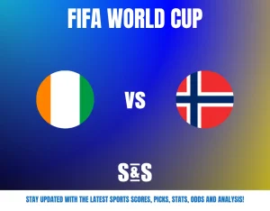 FIFA World Cup match preview showing Ivory Coast vs Norway with their flags on a blue gradient background.