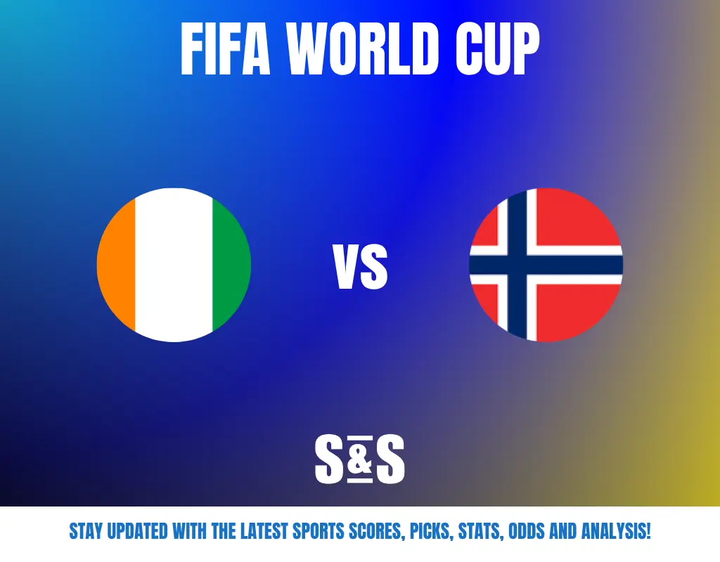 FIFA World Cup match preview showing Ivory Coast vs Norway with their flags on a blue gradient background.