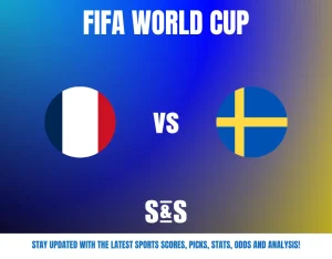 FIFA World Cup match display showing France vs Sweden with their flags on a blue and yellow gradient background.