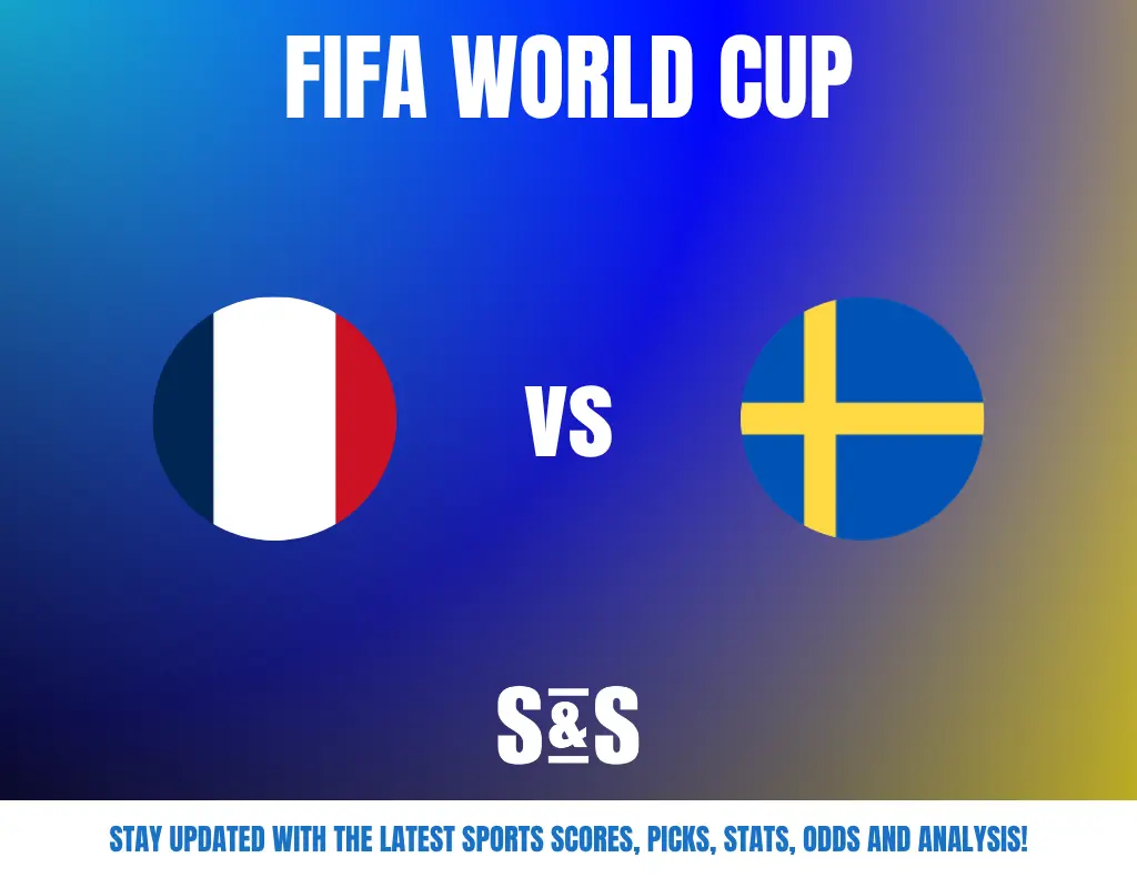 FIFA World Cup match display showing France vs Sweden with their flags on a blue and yellow gradient background.
