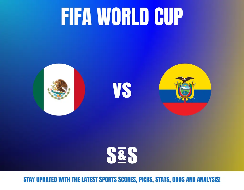FIFA World Cup match announcement showing Mexico vs Ecuador with their flags on a blue gradient background.