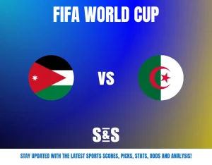 FIFA World Cup match announcement showing Jordan vs Algeria flags on a blue-yellow gradient background with sports updates prompt.