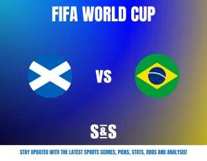 FIFA World Cup match graphic featuring Scotland and Brazil flags with a blue and yellow gradient background.