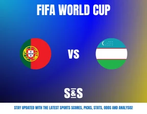 FIFA World Cup match announcement featuring Portugal vs Uzbekistan flags on a blue-yellow gradient background.