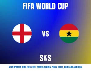 England and Ghana flags with "FIFA World Cup" text above and "S&S" below on a blue gradient background.
