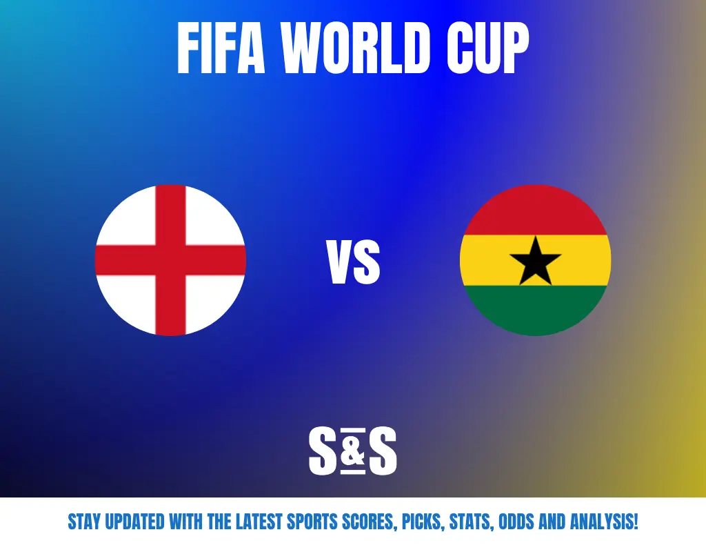 England and Ghana flags with "FIFA World Cup" text above and "S&S" below on a blue gradient background.