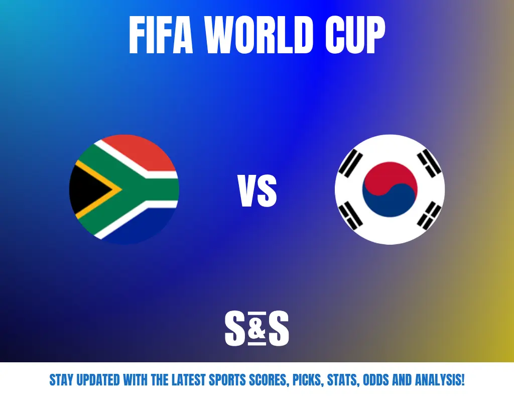 FIFA World Cup match graphic showing South Africa vs South Korea with team flags and a blue-yellow gradient background.