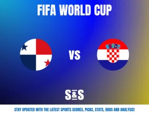 FIFA World Cup match preview graphic showing Panama vs Croatia with circular flags on a blue and yellow gradient background.