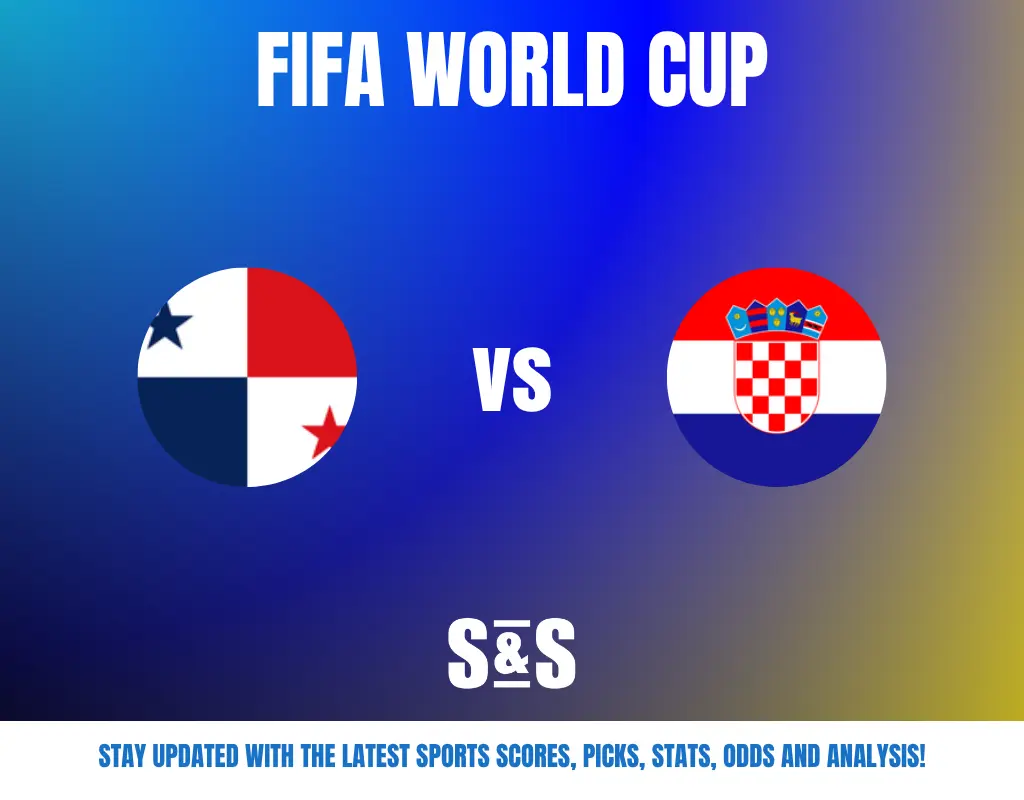 FIFA World Cup match preview graphic showing Panama vs Croatia with circular flags on a blue and yellow gradient background.