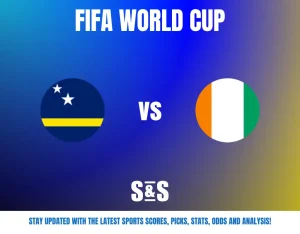 FIFA World Cup match preview showing flags of Curaçao vs Ivory Coast on a blue and yellow gradient background.