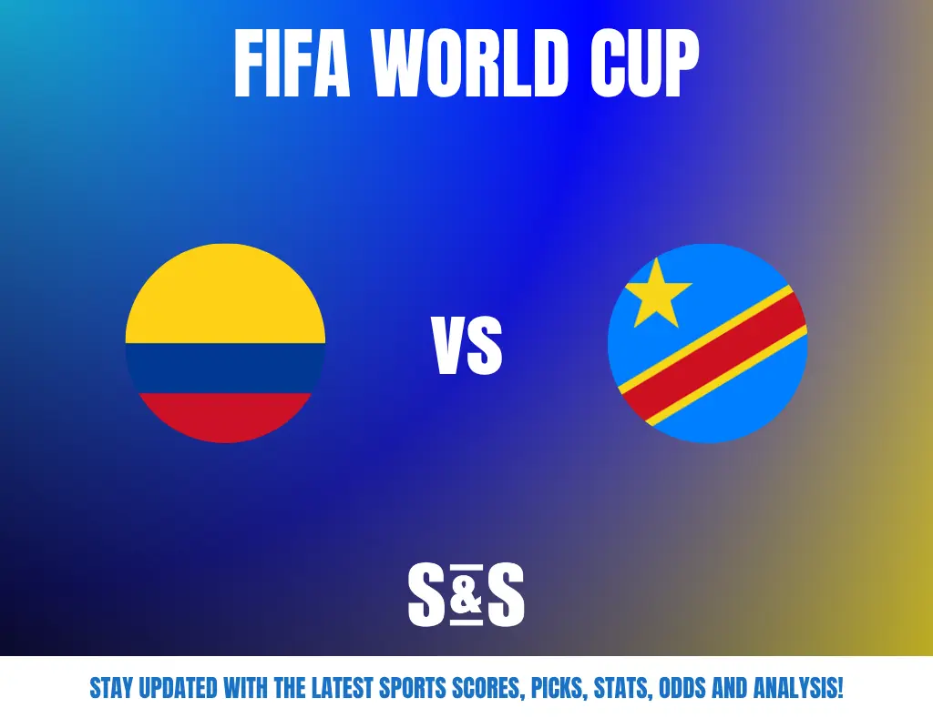 FIFA World Cup match graphic featuring Colombia vs Democratic Republic of the Congo with flags on a blue gradient background.
