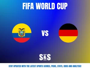 FIFA World Cup match preview featuring Ecuador vs Germany with their flags on a blue and yellow gradient background.