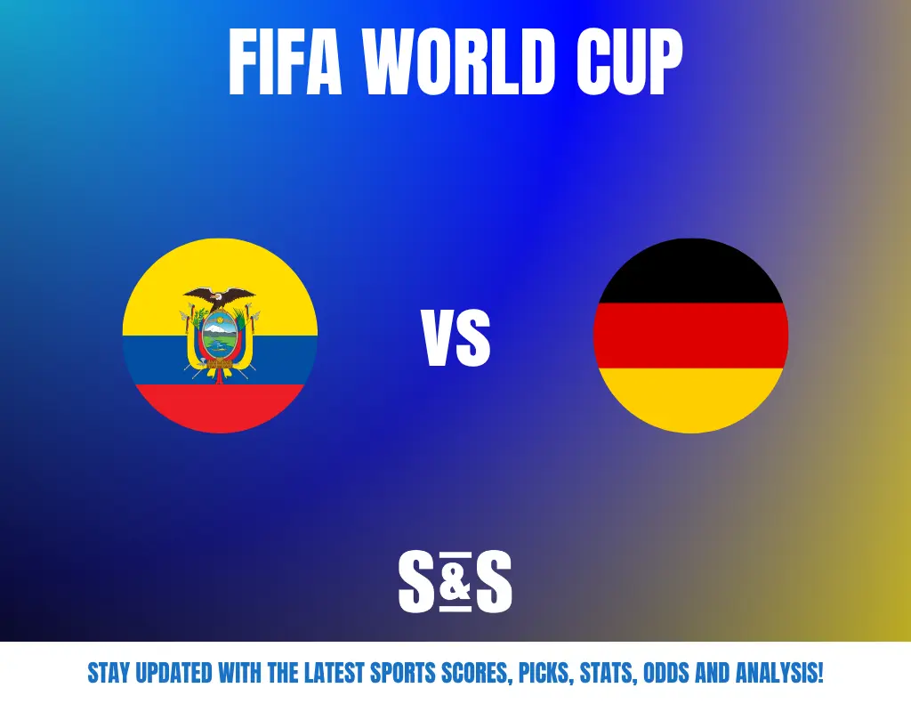 FIFA World Cup match preview featuring Ecuador vs Germany with their flags on a blue and yellow gradient background.