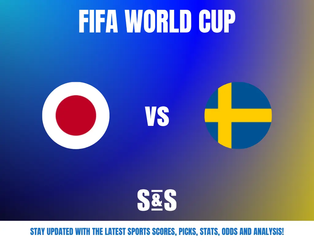 FIFA World Cup matchup graphic featuring Japan and Sweden flags with a blue-yellow gradient background and sports update text below.