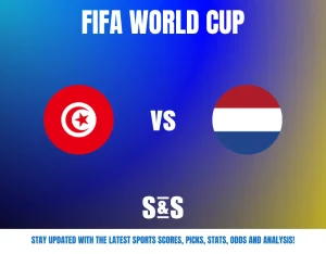 FIFA World Cup match graphic showing Tunisia vs Netherlands with their flags on a blue and yellow gradient background.