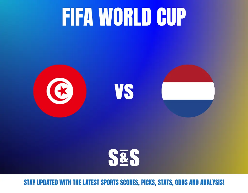 FIFA World Cup match graphic showing Tunisia vs Netherlands with their flags on a blue and yellow gradient background.