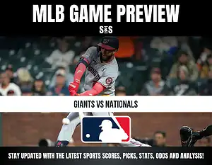 MLB Game Preview featuring Giants vs. Nationals with a player hitting a baseball and the MLB logo at the bottom.