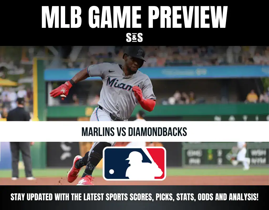 MLB game preview featuring Marlins vs Diamondbacks with an image of a player in action.