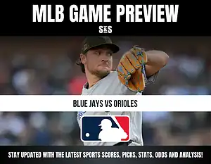 MLB Game Preview featuring a pitcher preparing to throw, with text indicating a matchup between the Blue Jays and Orioles.