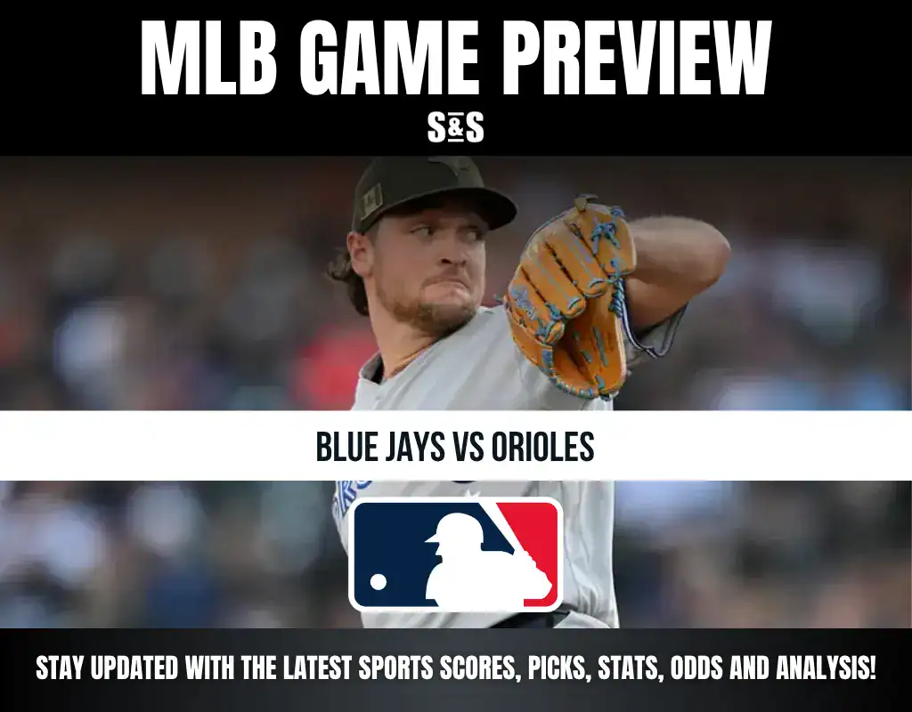 MLB Game Preview featuring a pitcher preparing to throw, with text indicating a matchup between the Blue Jays and Orioles.