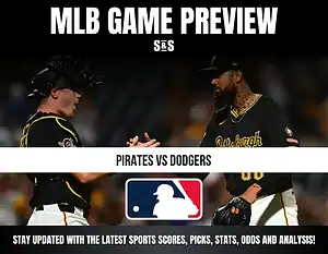 MLB Game Preview featuring Pirates vs Dodgers with a call to stay updated on the latest sports scores, picks, stats, odds, and analysis.