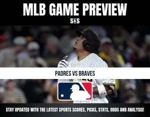 Alt text: MLB game preview for Padres vs Braves with a blurred image of a Padres player in batting gear and the MLB logo.
