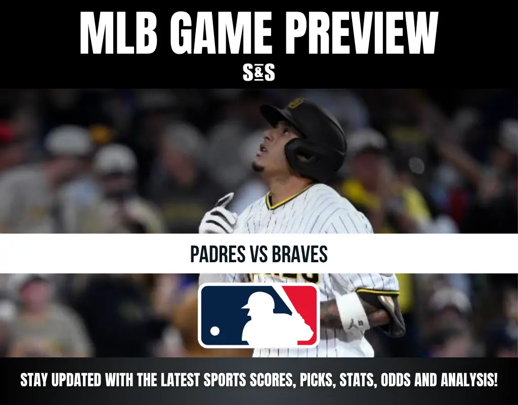 Alt text: MLB game preview for Padres vs Braves with a blurred image of a Padres player in batting gear and the MLB logo.