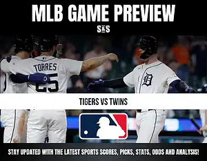 MLB Game Preview featuring Tigers vs Twins, with players celebrating and the MLB logo.