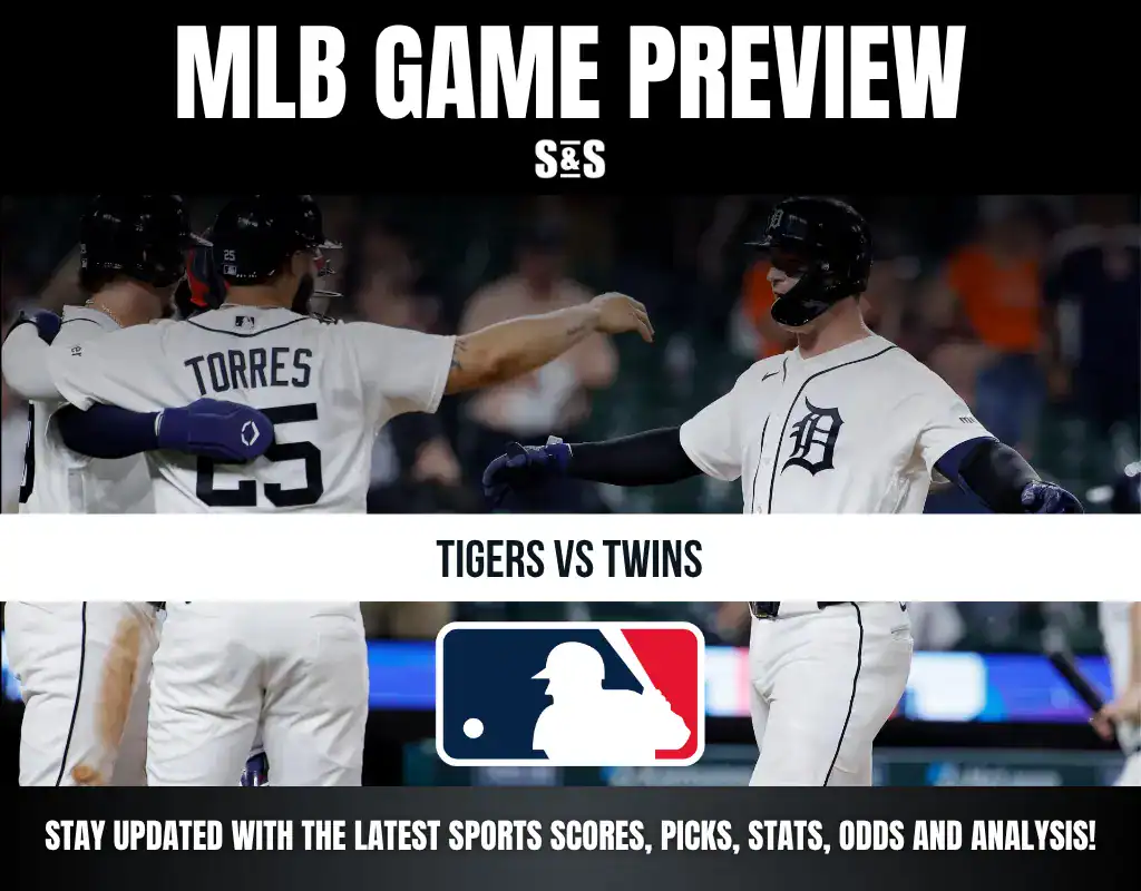 MLB Game Preview featuring Tigers vs Twins, with players celebrating and the MLB logo.