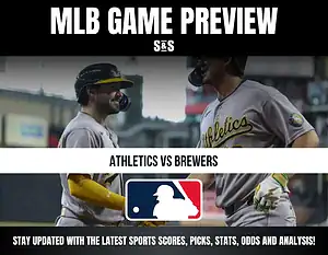 MLB Game Preview: Athletics vs Brewers with a graphic design featuring the MLB logo and text for updates on scores, picks, stats, odds, and analysis.
