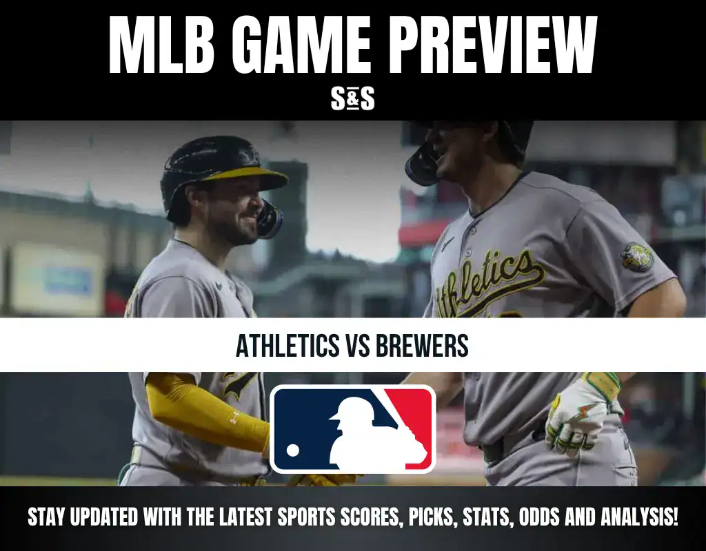 MLB Game Preview: Athletics vs Brewers with a graphic design featuring the MLB logo and text for updates on scores, picks, stats, odds, and analysis.