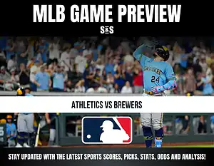 MLB Game Preview featuring Athletics vs Brewers with a player celebrating a hit, accompanied by text for staying updated on sports scores and analysis.