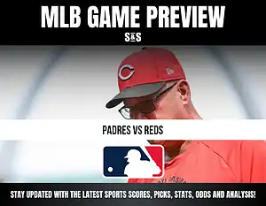 MLB Game Preview featuring Padres vs. Reds and a logo of Major League Baseball.