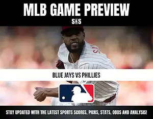 MLB Game Preview featuring a player in a Phillies uniform, with text indicating a matchup between the Blue Jays and Phillies.