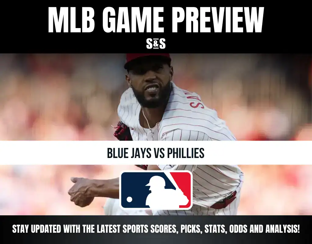 MLB Game Preview featuring a player in a Phillies uniform, with text indicating a matchup between the Blue Jays and Phillies.